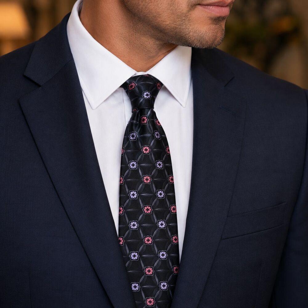 John W. Nordstrom Tie Mens One Size Black Silk Geometric Floral Made In USA